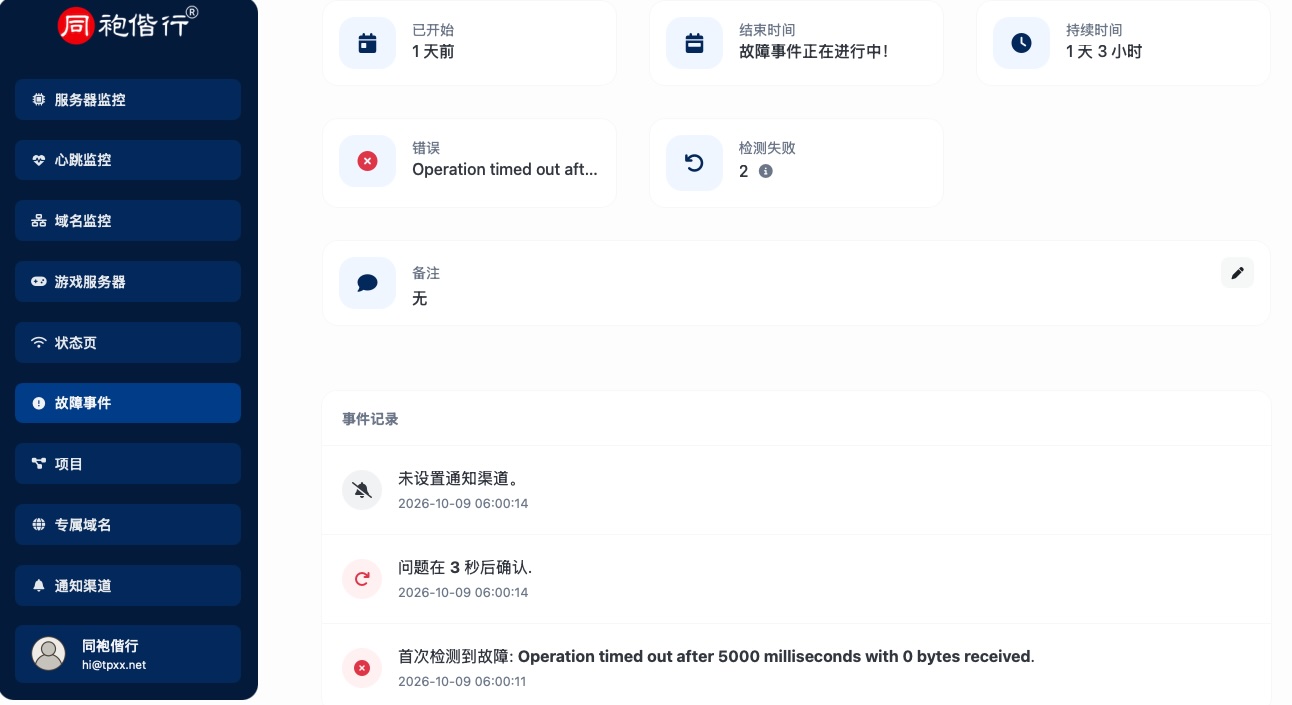Screenshot of the app monitors incidents page